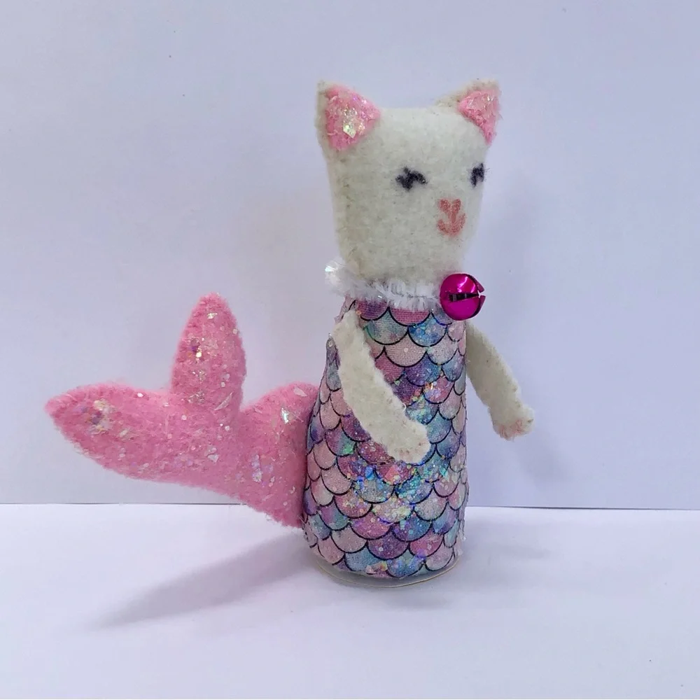 Mermaid Cat Mercat! felt cat doll hand-sewn fun, pink tail scales sparkly